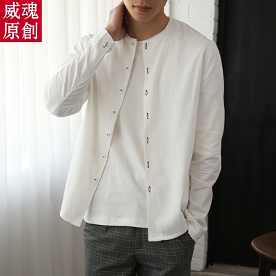 日系复古长袖亚麻衬衫男士修身纯色无领打底白色衬衣开衫棉麻寸衫