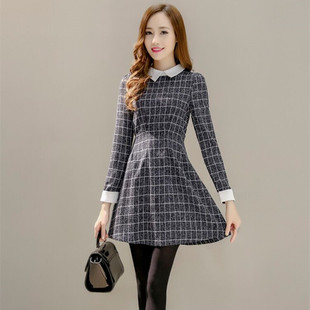 2016秋季女装韩版新款大学生气质收腰显瘦灰色格子长袖连衣裙短裙