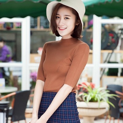 2016春季新款韩版女装半高领五分袖针织衫女修身套头中袖打底衫女