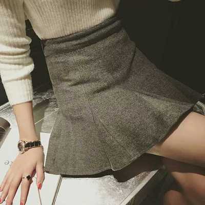 2015秋冬新款韩版女装修身显瘦鱼尾下摆毛呢包臀裙学生半身短裙