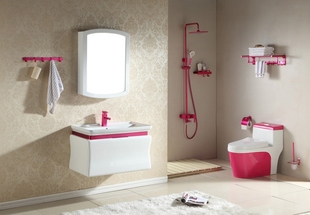 彩色新品卫浴 粉红浴室柜组合 超漩式防臭连体马桶太空铝挂件套餐