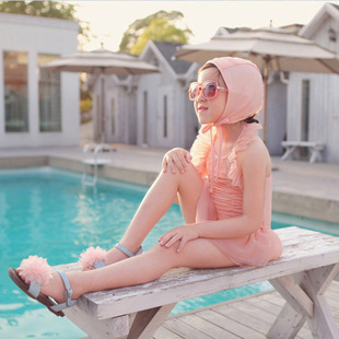 热卖韩版新款 儿童泳衣连体裙式 蕾丝浅橘色女童温泉泳装配泳帽