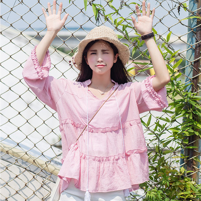 2016韩国东大门秋款女装韩版甜美学院风娃娃衫棉麻衬衫女上衣学生