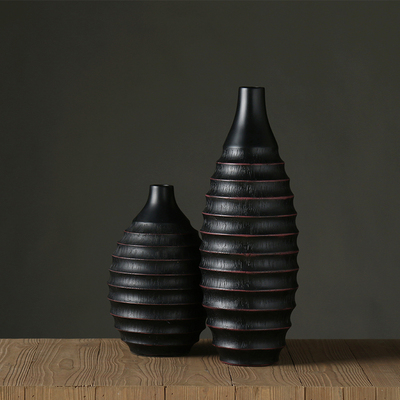 雅智树脂黑色横线圈工艺艺术品摆件北欧现代欧式装饰小花瓶套装