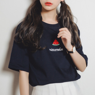 实拍韩国代购春夏新款学院风水果西瓜精美刺绣宽松短袖T恤