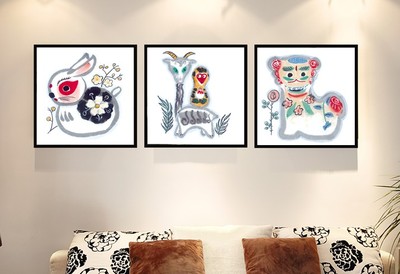 卡通动物儿童房间兔鸡猴虎中式客厅装饰画玄关卧室挂画沙发背景墙