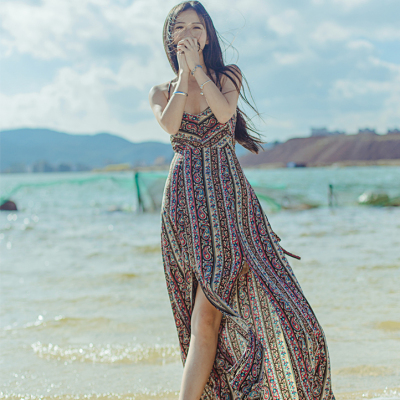 海边度假必备波西米亚沙滩雪纺长裙显瘦韩版海滩吊带连衣裙夏季花