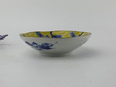 日本进口美浓烧釉下彩黄彩小纹日式和风餐具深盘陶瓷盘子浅钵碗