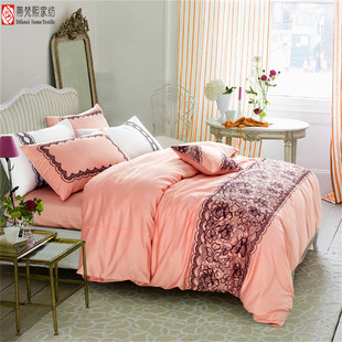 韩式公主样板房四件套 粉玉色奢华贡缎绣花床单被套全棉床上用品