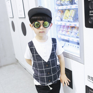 2016夏装新款男童韩版中小童小西装假两件套马甲纯棉短袖t恤套装
