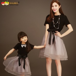 亲子装母女装韩版T恤+时尚欧根纱裙经典黑色系带可爱蝴蝶结