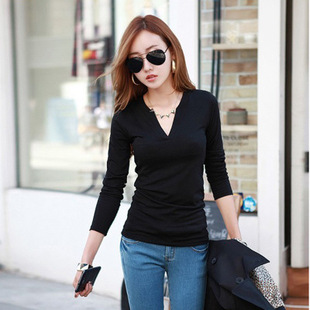 2016韩版新款女式牛奶丝加绒T恤 秋季V领上衣时尚百搭长袖打底衫