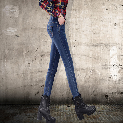 2016韩版两色弹力牛仔裤女长裤显瘦提臀小脚裤铅笔裤牛仔