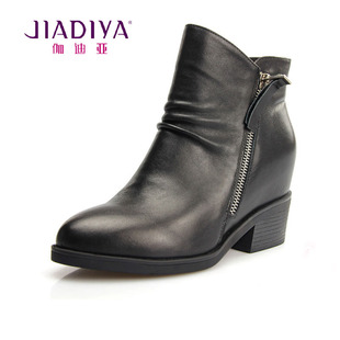 伽迪亚冬季短靴促销牛皮侧拉链皮内里内增高低跟粗跟女鞋15D81202