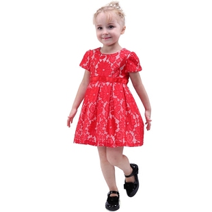 欧美大牌童装儿童连衣裙大红花朵短袖蕾丝裙3岁小孩宝宝a字公主裙