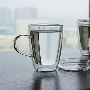 耐高温隔热玻璃双层杯 带盖带把防烫透明玻璃水杯办公室杯子茶杯