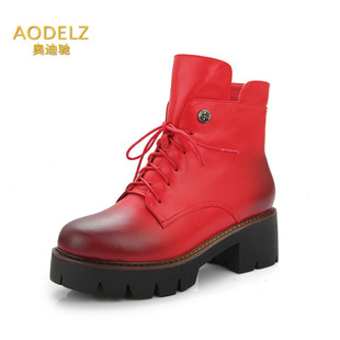 高端定制品牌Aodelz  2016新款圆头系带马丁靴真皮粗跟防水台女鞋