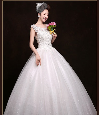 批发供应2015新款婚纱礼服 韩式一字肩双肩蕾丝显瘦新娘婚纱 圆领
