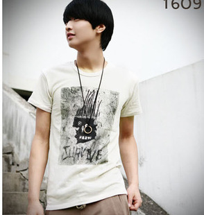 夏装韩版男士短袖T恤圆领半袖体恤个性模糊鬼脸卉印花潮流衣服