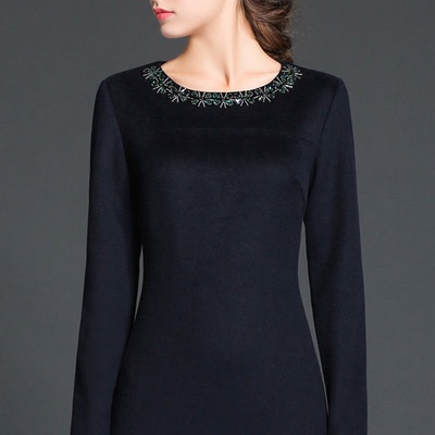 2015冬装新款100%羊毛纯手工钉珠修身显瘦毛呢连衣裙大码显瘦裙子