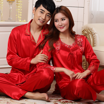 秋结婚睡衣冬季女男士长短袖新婚喜庆情侣真丝绸红色睡裙两件套装