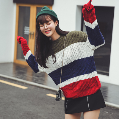 韩国秋冬新款拼色撞色条纹粗毛线圆领套头毛衣针织衫