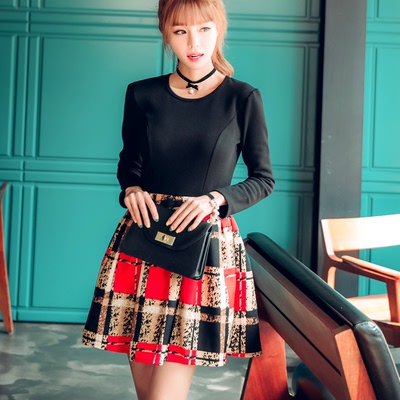 2016年秋季新款韩版女装微供格子气质拼接连衣裙