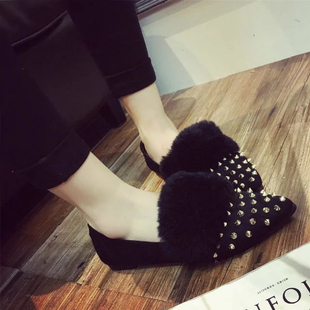 2016冬季新款女鞋韩版铆钉纯色尖头平底平跟加绒加厚毛毛舒适单鞋