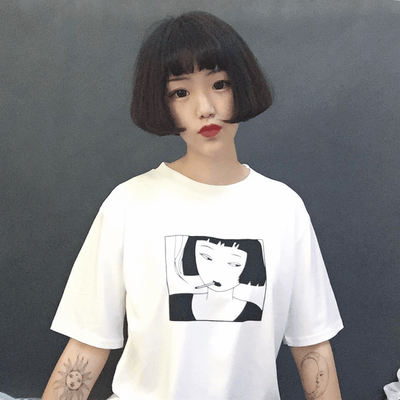 韩国ulzzang短袖女T恤卡通图案人物女原宿BF风闺蜜装夏季上衣宽松