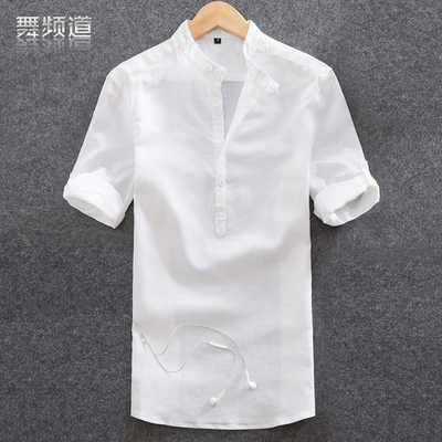 2015棉麻短袖衬衫男夏季韩版休闲亚麻立领七分袖男士五分中袖衬衣