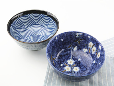 日本进口美浓烧餐具碗 和风釉下彩17厘米青海波蓝绘变 日式拉面碗