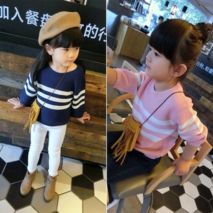 2016新款韩版秋装中小童宝宝毛衣针织衫套头女童圆领百搭条纹衫