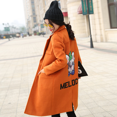 2016新款韩版加绒加厚毛呢外套冬季时尚修身后背图案中长款女装