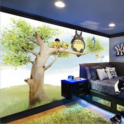 儿童房卡通背景墙墙纸高清可爱龙猫壁画卧室壁纸动漫幼儿园墙布3d