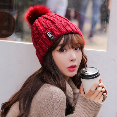 秋冬韩版可爱毛球针织毛线帽冬季帽子双层加厚加绒保暖女生包头帽
