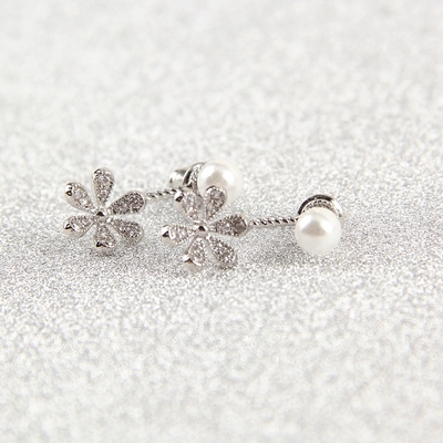 后挂式珍珠耳钉女S925银针小雏菊满钻花朵明星同款耳环