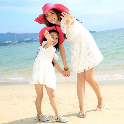 夏款亲子装母女裙装2016新款韩版女童连衣裙子露肩荷叶边沙滩裙潮