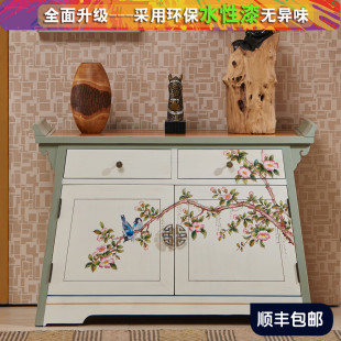 香樟木装饰柜美式田园玄关柜新中式全实木储物柜彩绘复古门厅柜