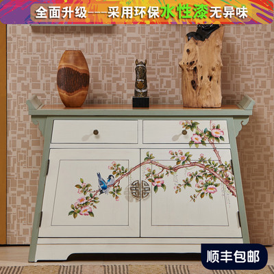 香樟木装饰柜美式田园玄关柜新中式全实木储物柜彩绘复古门厅柜