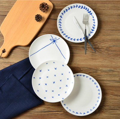 蓝色几何手绘风格餐具圆平盘北欧菜盘陶瓷器牛排骨瓷8寸 西餐盘