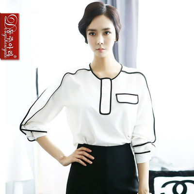 韩版OL职业白领女装休闲舒适个性时尚黑色线条白色衬衫上衣有大码