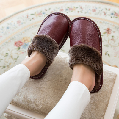 家居家室内棉牛皮情侣厚底防滑时尚秋冬季保暖真皮拖鞋男女士耐磨