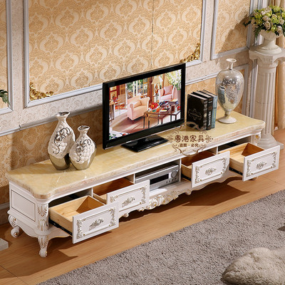 新款欧式电视柜 天然大理石地柜 实木雕花描银新古典象牙白电视柜