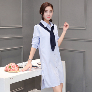 2016秋季新款韩版宽松中长款长袖竖条纹假两件衫连衣裙