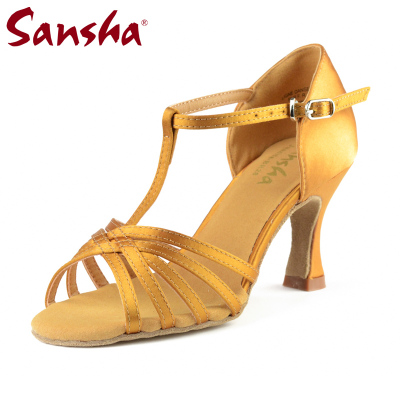 Sansha 法国三沙拉丁舞鞋女成人中跟缎面交谊舞伦巴恰恰国标舞鞋