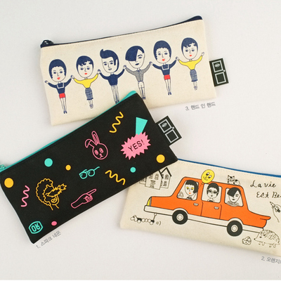 韩国正品oohlala 独特创意卡通人物图案长款拉链帆布笔袋文具包
