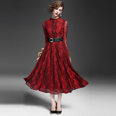 2016春新款波希米亚长袖蕾丝连衣裙红色束腰修身大摆长裙腰带