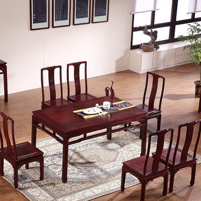 简约中式餐桌椅组合缅甸红酸枝实木餐桌一桌6椅家用红木餐桌椅