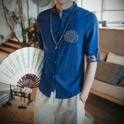 夏季中国风亚麻衬衫男士五分袖棉麻短袖衬衣日系复古盘扣青年中袖