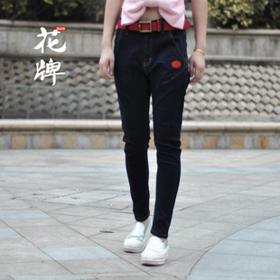 16秋季新款香港花牌芭莎basha 红色椭圆形深色牛仔长裤垮裤